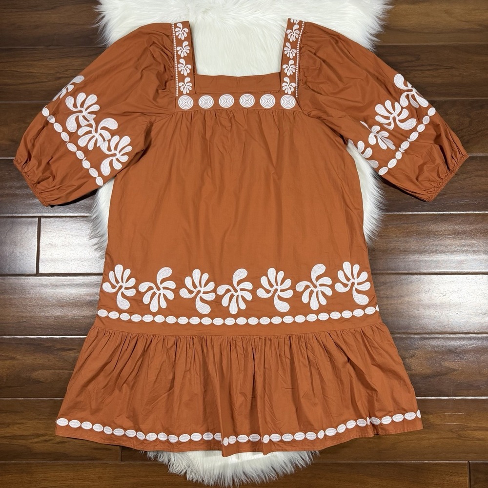 J.Marie Womens Size Large Orange Amalia Embroidered 3/4 Sleeve Square Neck Dress